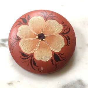 Vintage Brown Round Wooden Floral Pin Brooch Handmade Hand-painted